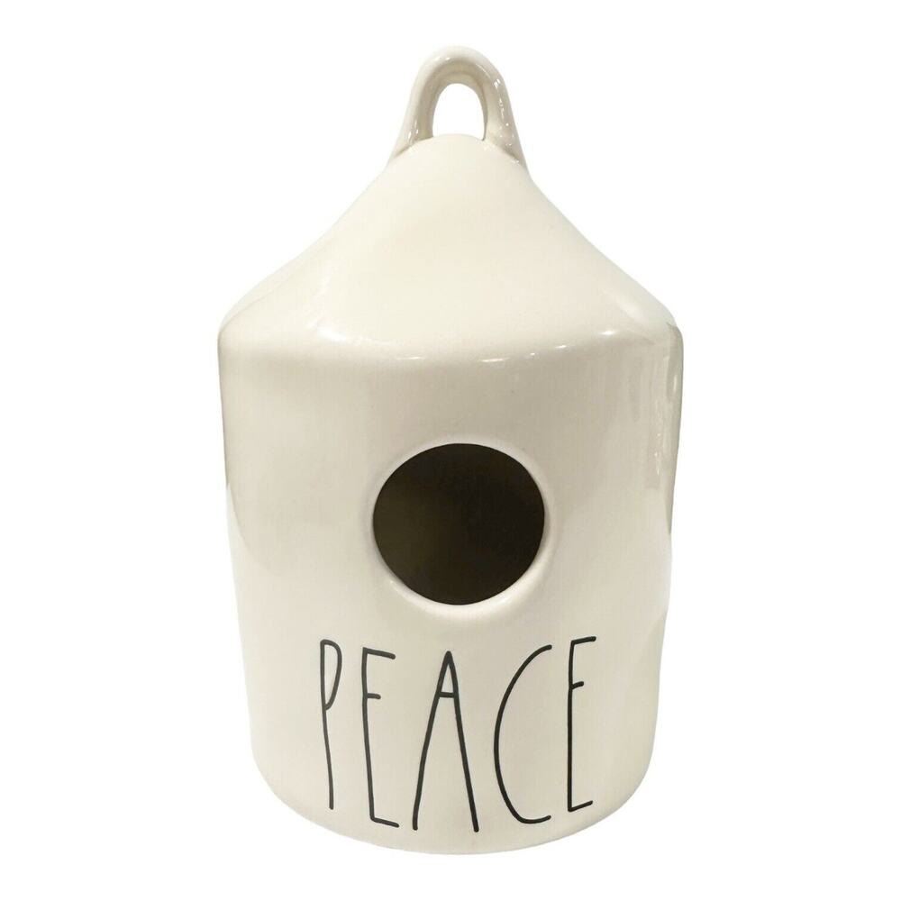 Rae Dunn White w/Black Letters PEACE Round Ceramic Birdhouse 8”x 5”